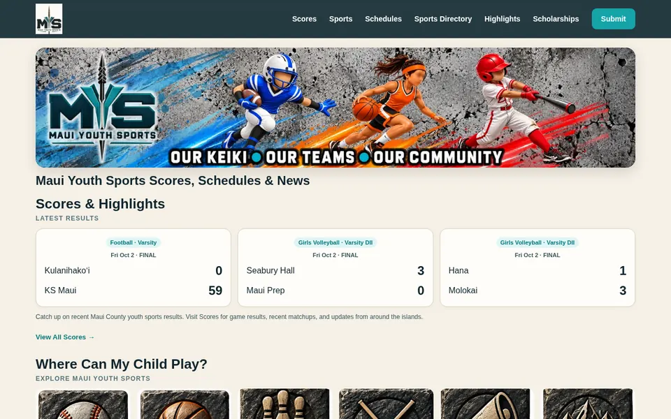 MauiYouthSports.com home page on a laptop